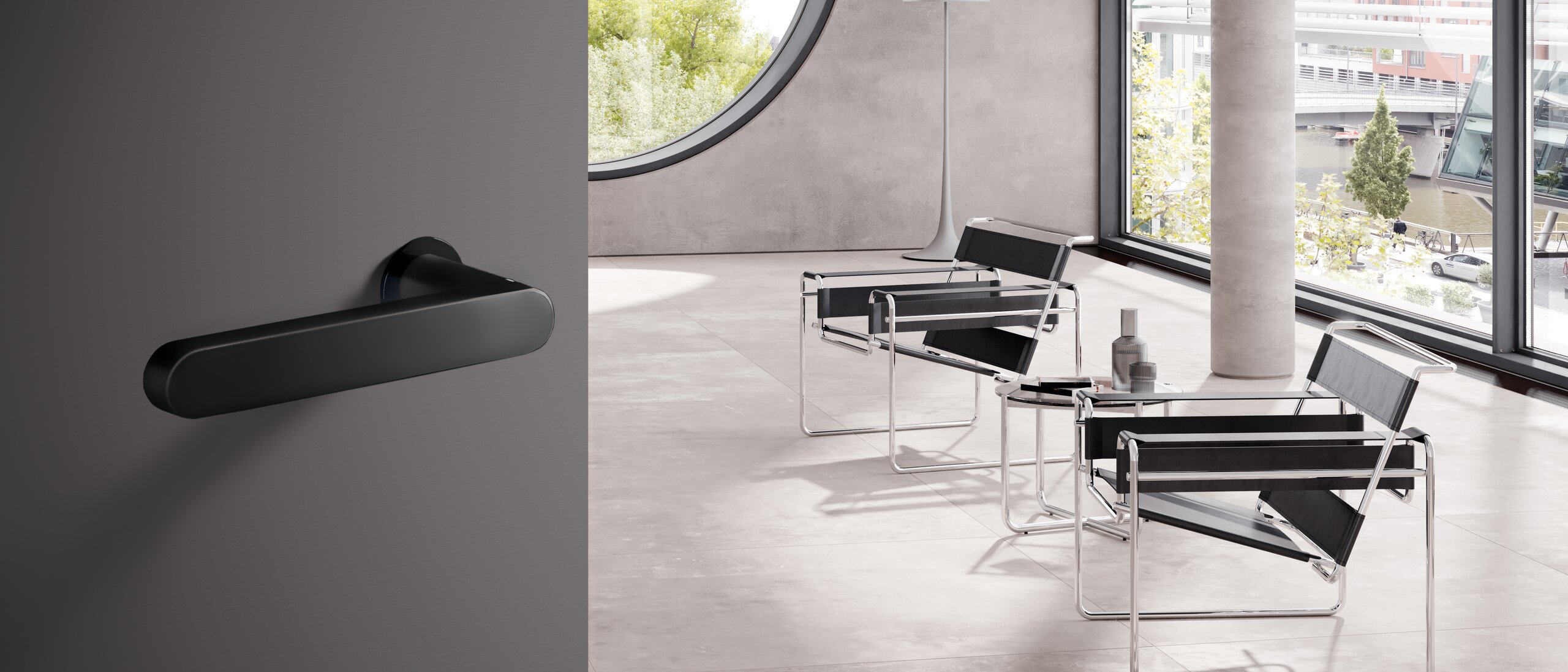 HEWI lever handle mini black matt Office building door fitted with a black lever handle