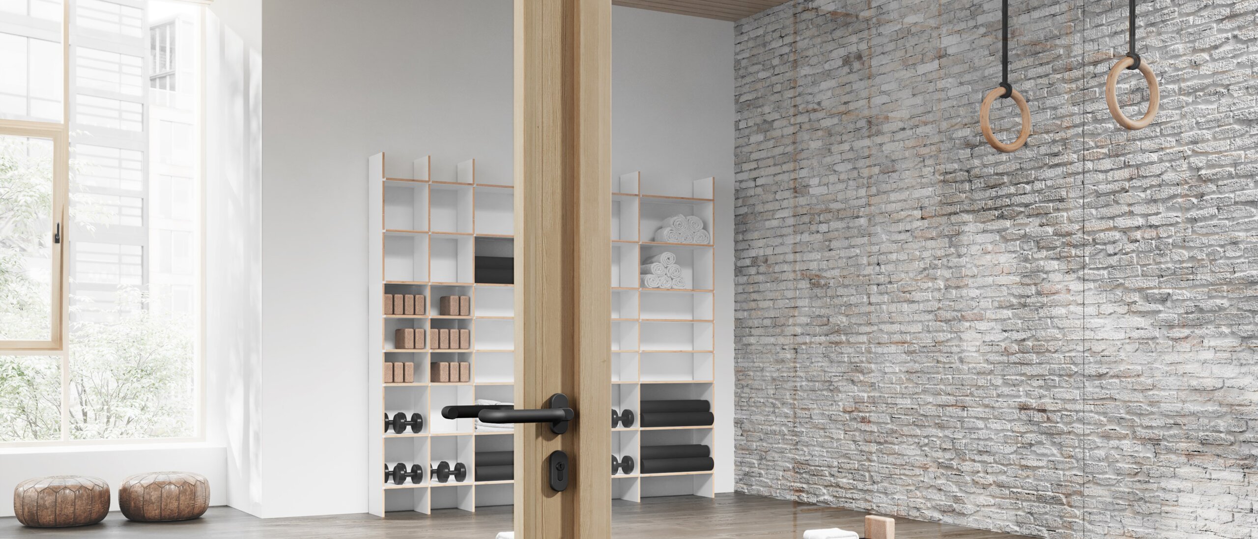 HEWI Door handle 111 Anthracite matt Glass door with wooden frame to a yoga room