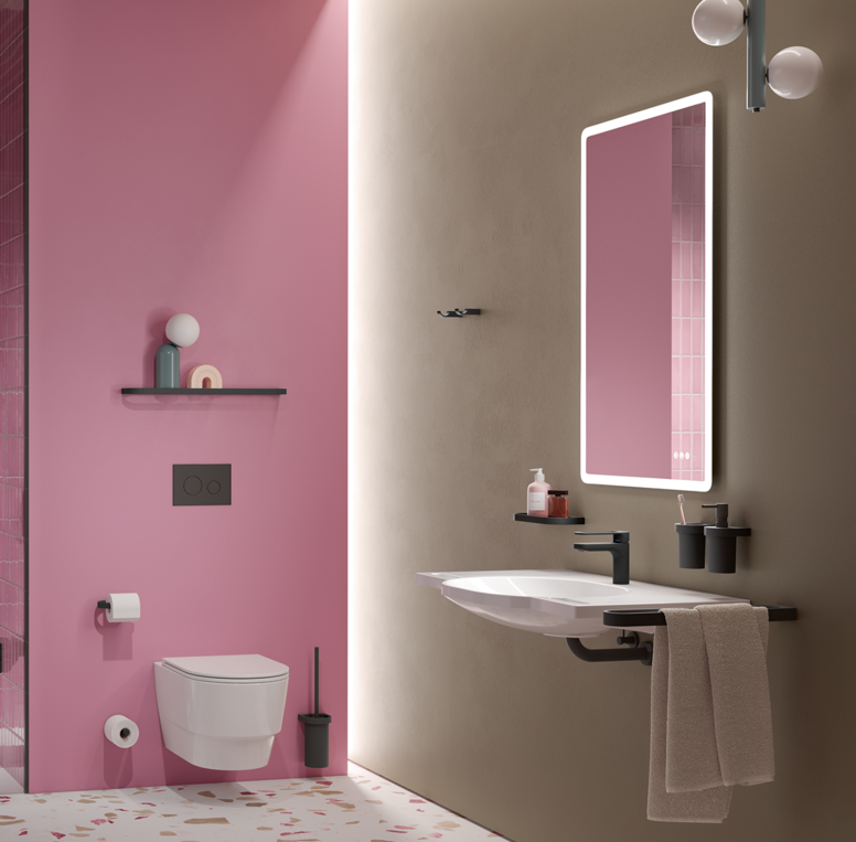 HEWI System 800 black matt Bathroom with washbasin, shower area and WC