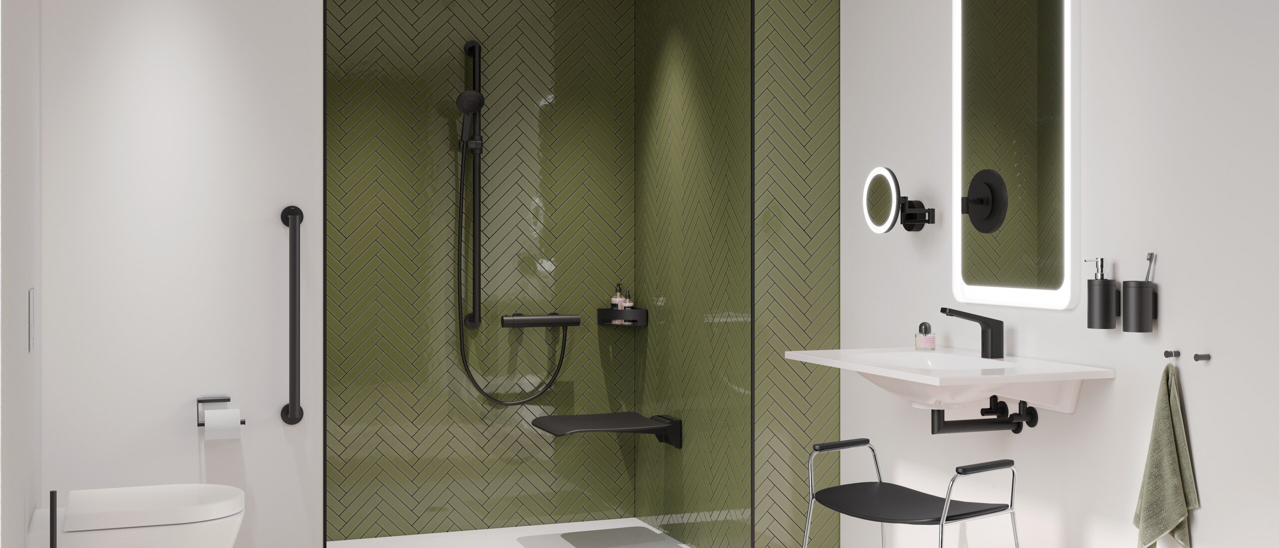 Bathroom with washbasin, shower area and WC