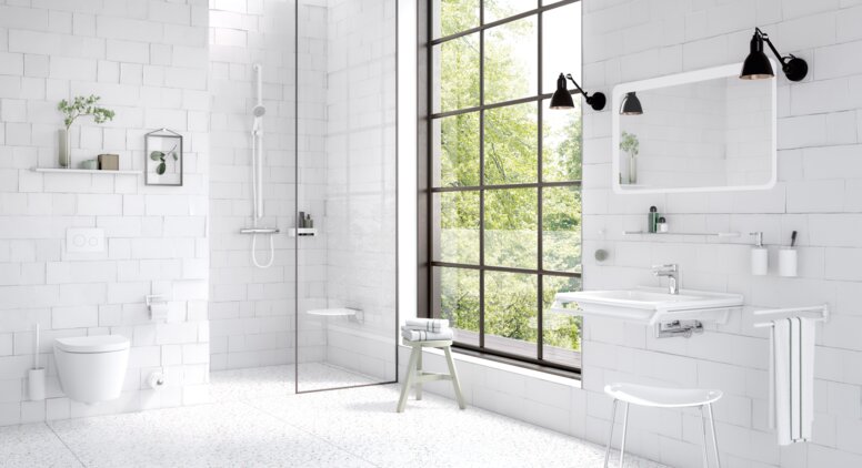 HEWI Series 162 white matt Bathroom, equipped with sanitary accessories such as towel rail, soap dispenser, toilet roll holder in the colour white matt