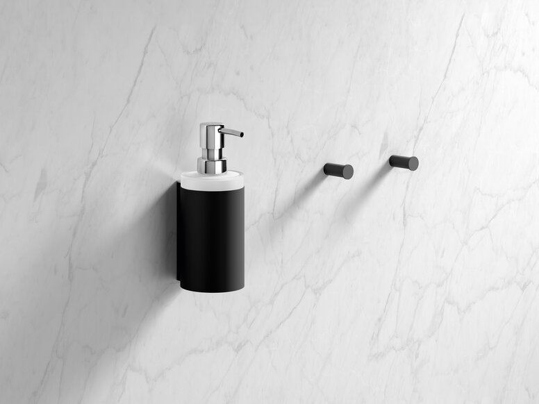 HEWI soap dispenser and towel hook Soap dispenser and towel hook in the colour black