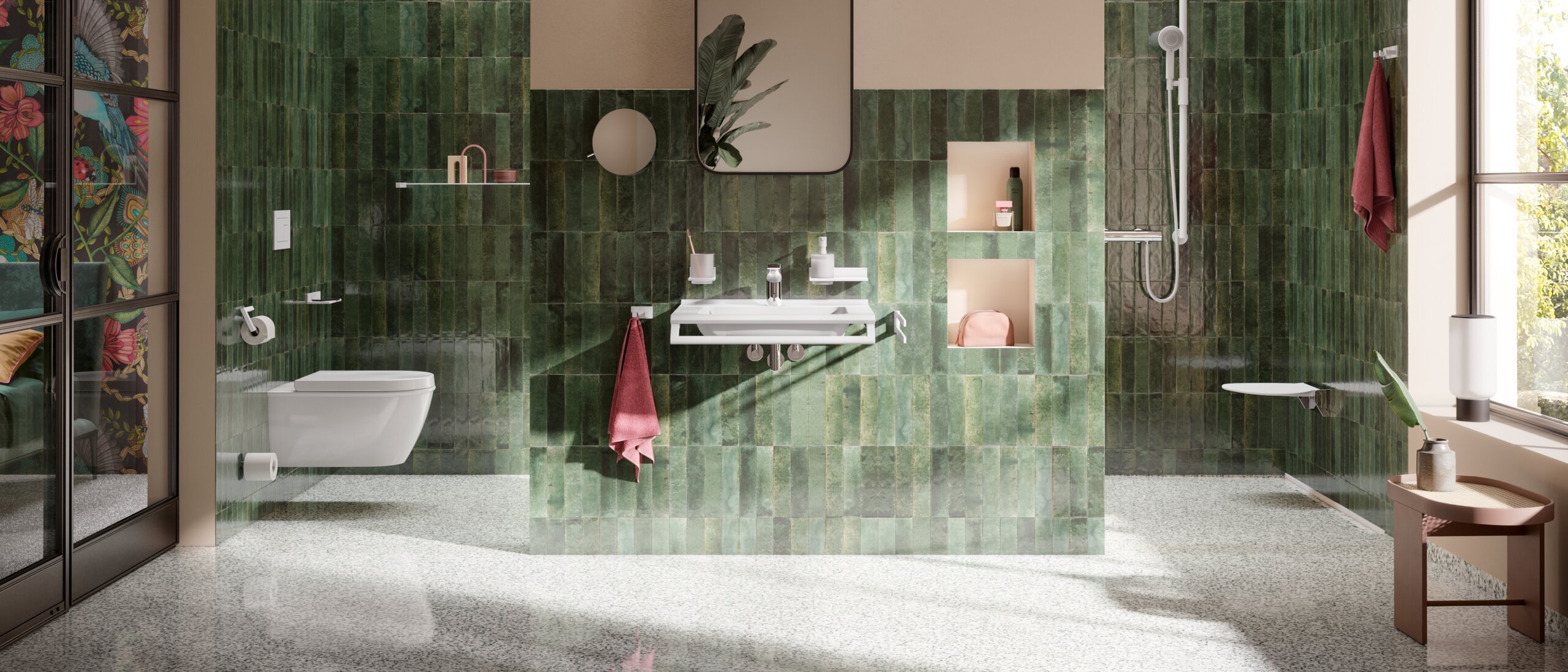 HEWI System 900 white Bathroom with green tiles, WC area, shower area and washbasin, fitted with white sanitary accessories