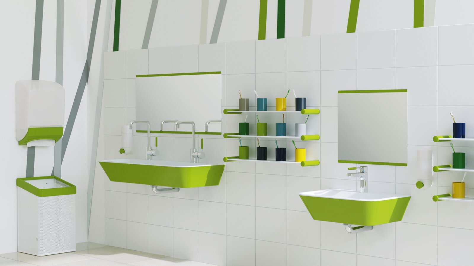Child-friendly HEWI washbasin green Child-friendly washbasin with green accents; two washbasins at different heights next to colourful toothbrush holders