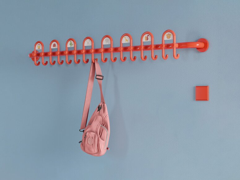 HEWI coat rack and fittings for children Colourful kindergarten equipped with fittings and wardrobe in the colour orange