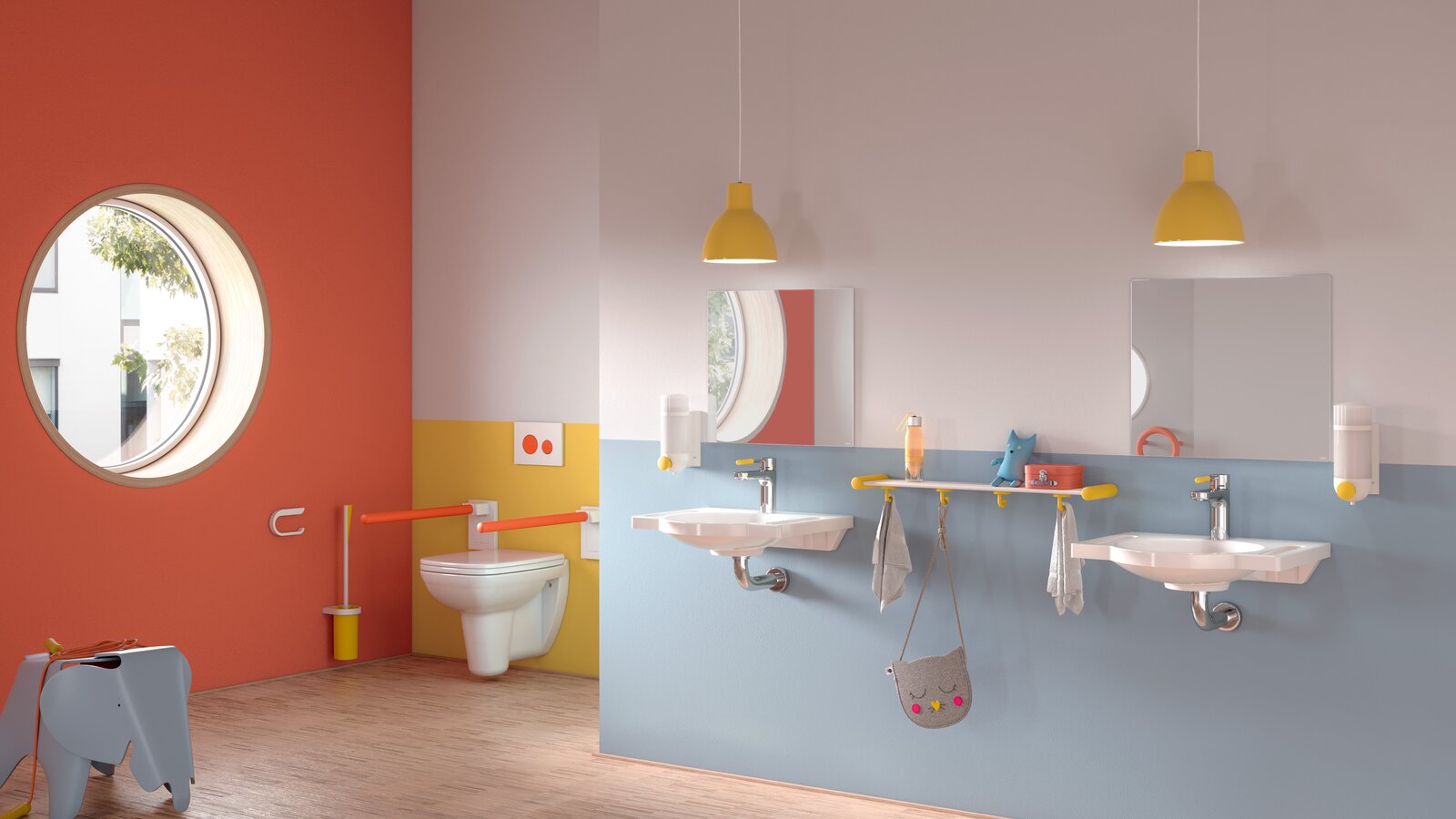 HEWI colourful children's bathroom series 477/801 Kindergarten bathroom with colourful, child-friendly sanitary equipment