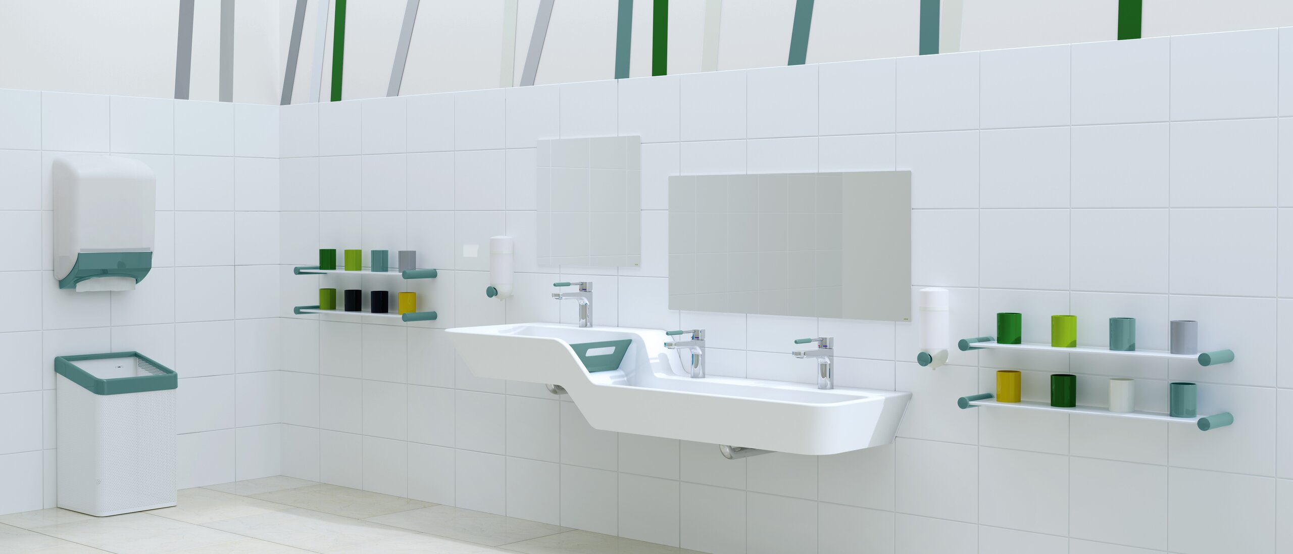 Kindgerechter HEWI Waschplatz blau Kindgerechter Waschplatz mit blauen Akzenten, Waschtisch mit eingebauter Höhen- und Tiefenabstufung daneben farbenfrohe Zahnputzbecherleisten