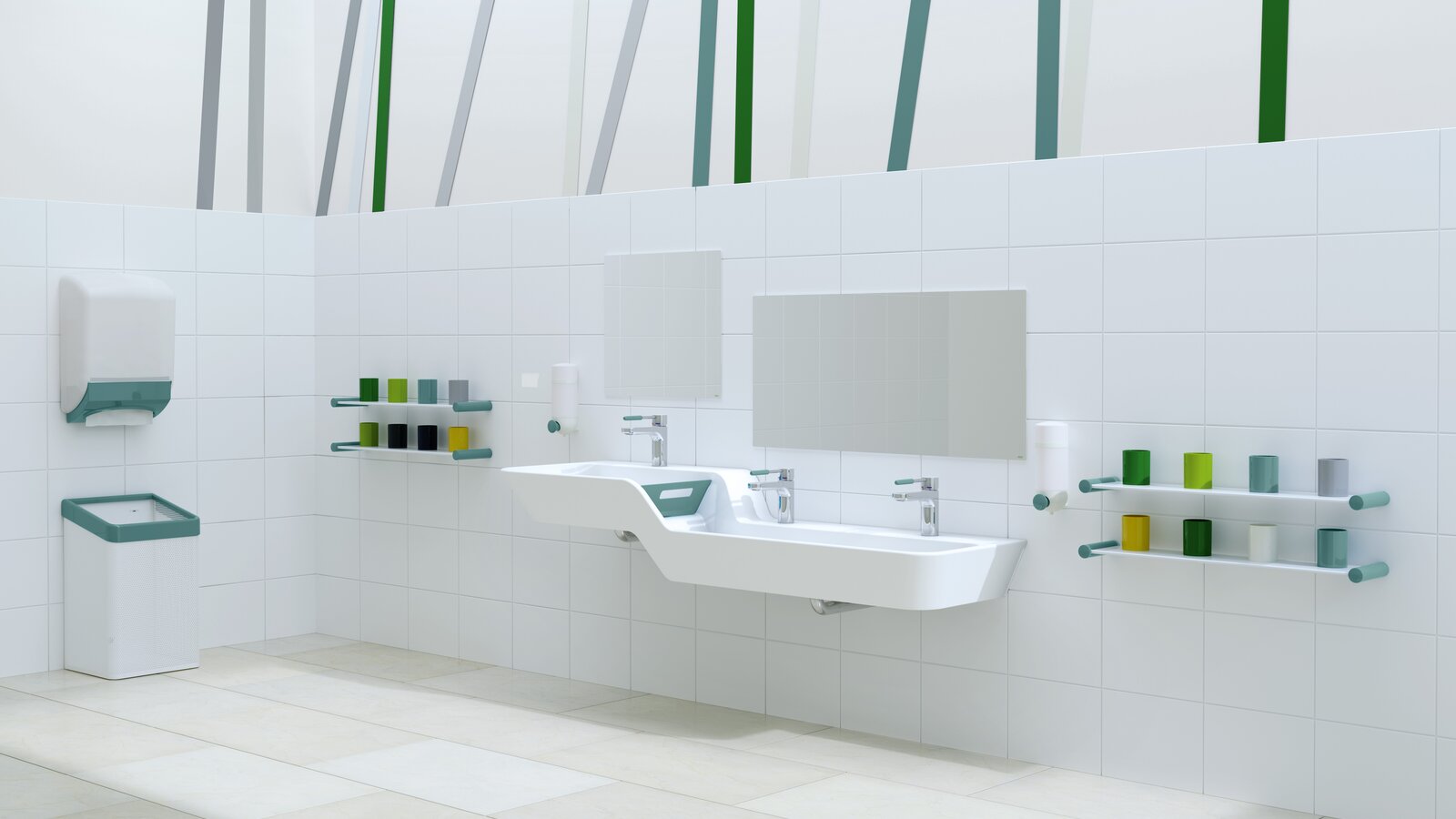 Kindgerechter HEWI Waschplatz blau Kindgerechter Waschplatz mit blauen Akzenten, Waschtisch mit eingebauter Höhen- und Tiefenabstufung daneben farbenfrohe Zahnputzbecherleisten