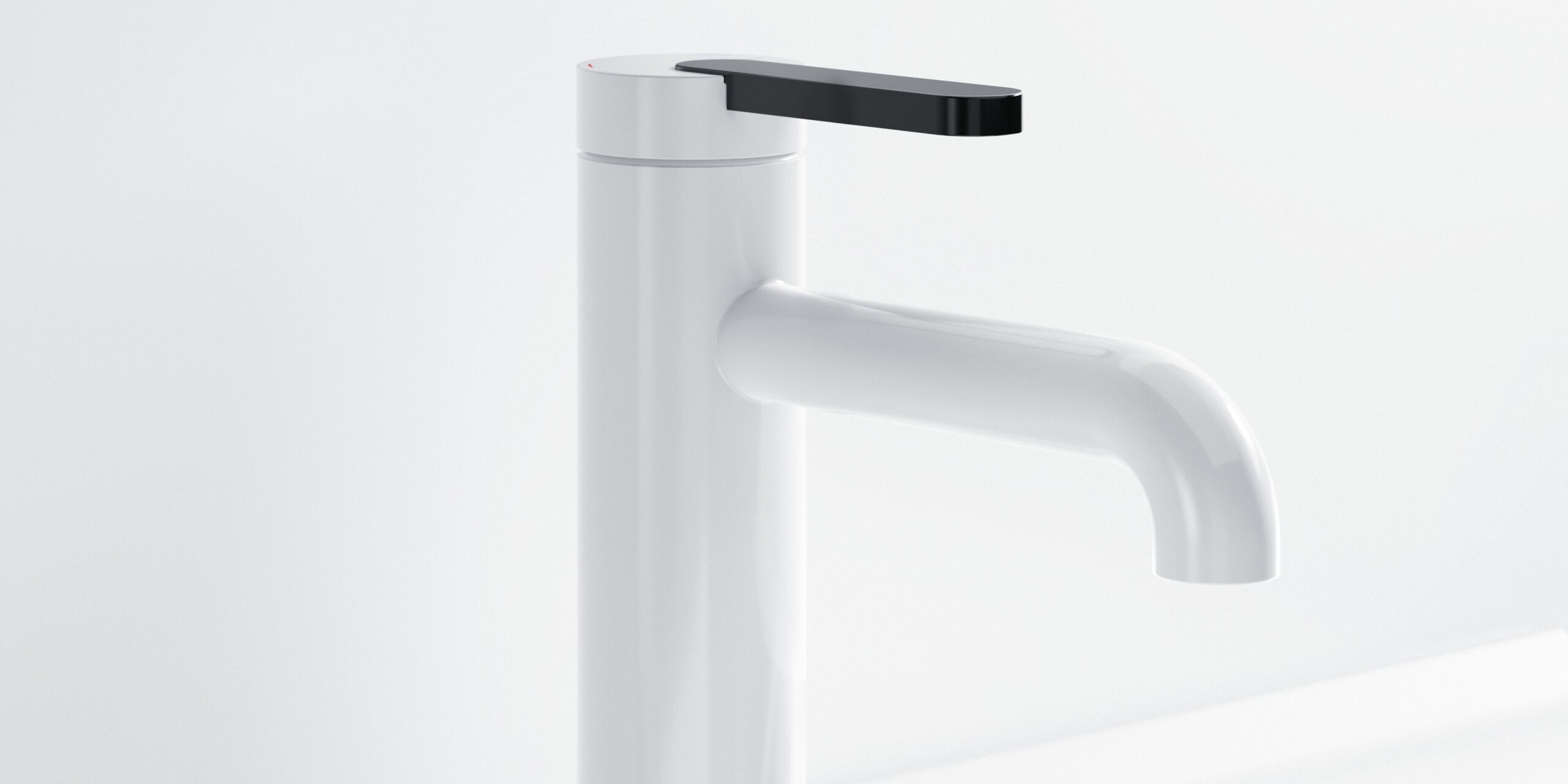 White tap with a curved spout and flat black lever handle on a white washbasin against a white background