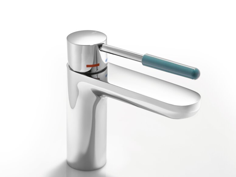 Chrome-plated single tap with a long lever handle and a blue handle sleeve against a white background