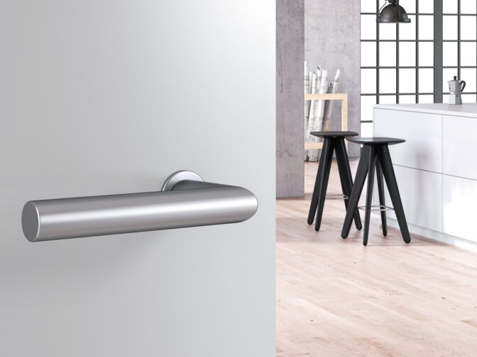 A round stainless-steel door handle on a light grey door; behind it, a room with a white kitchen