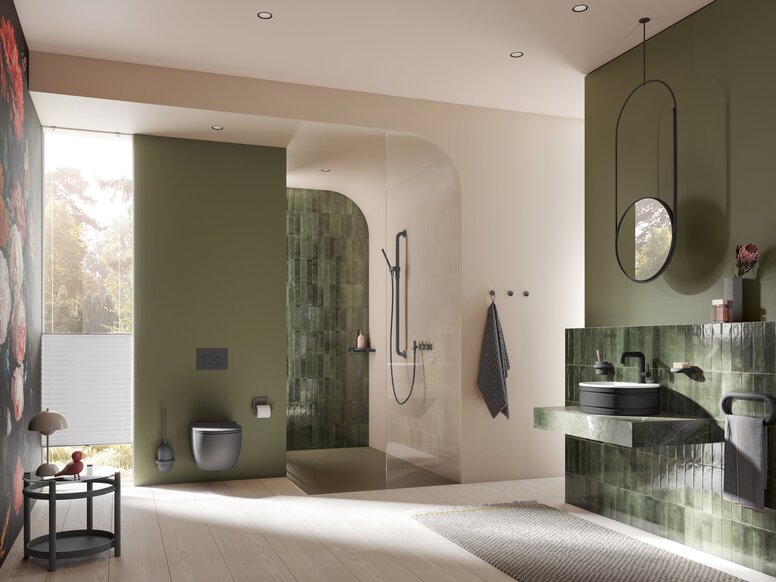 HEWI Range 477 Interior Bathroom with green and grey accents in the WC and shower areas, as well as around the washbasin