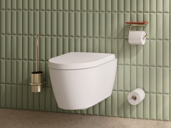Wall-hung WC with flush handle and toilet roll holder, alongside a floor-level shower with a hinged seat and rail with shower head holder