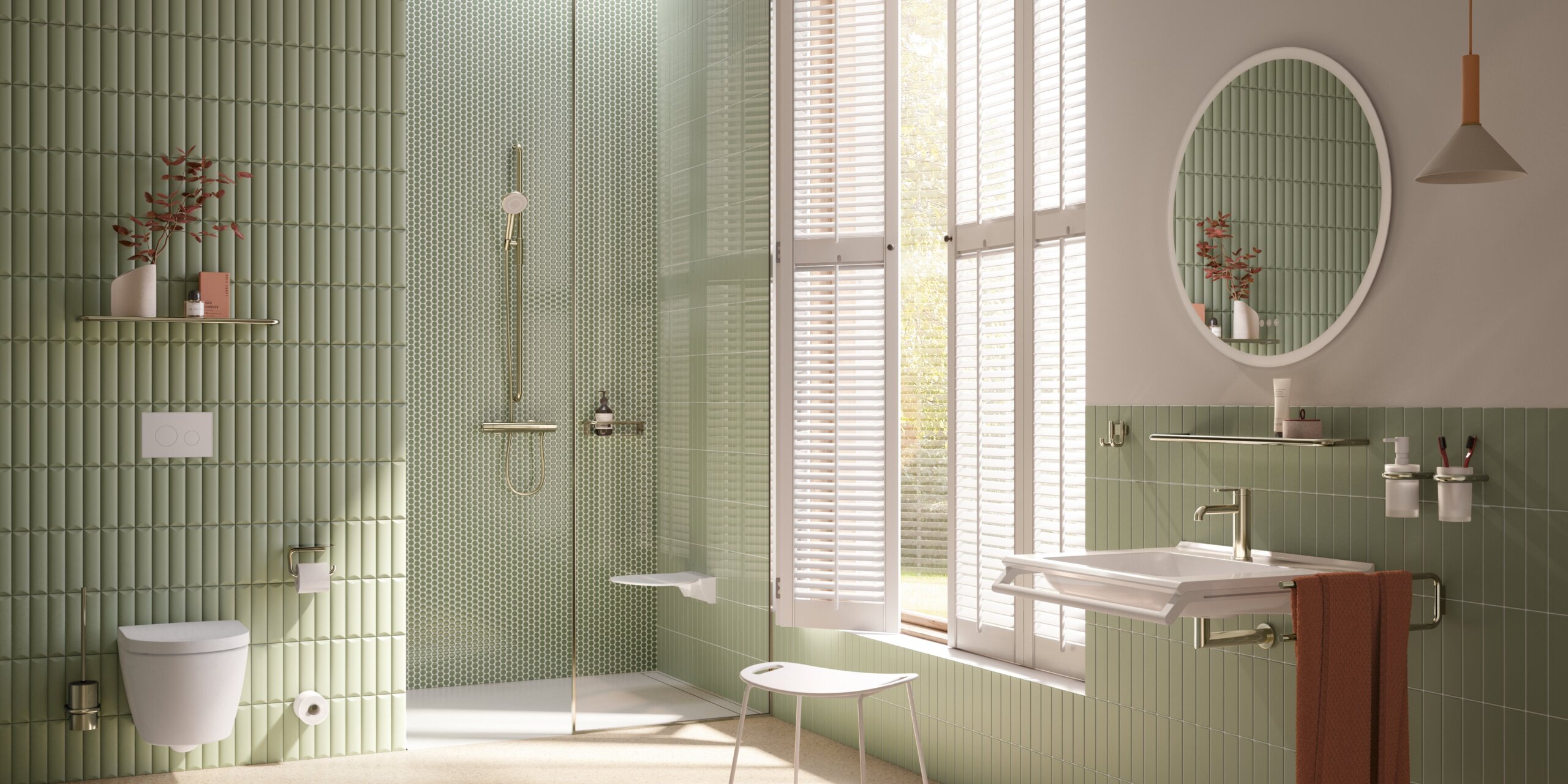 Accessible, eco-friendly bathroom with a stool by the wheelchair-accessible washbasin and a hinged seat in the shower