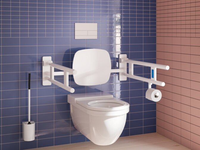 Wall-hung toilet with a backrest, two white hinged support rails, a toilet roll holder and toilet brush unit against blue and pink tiles
