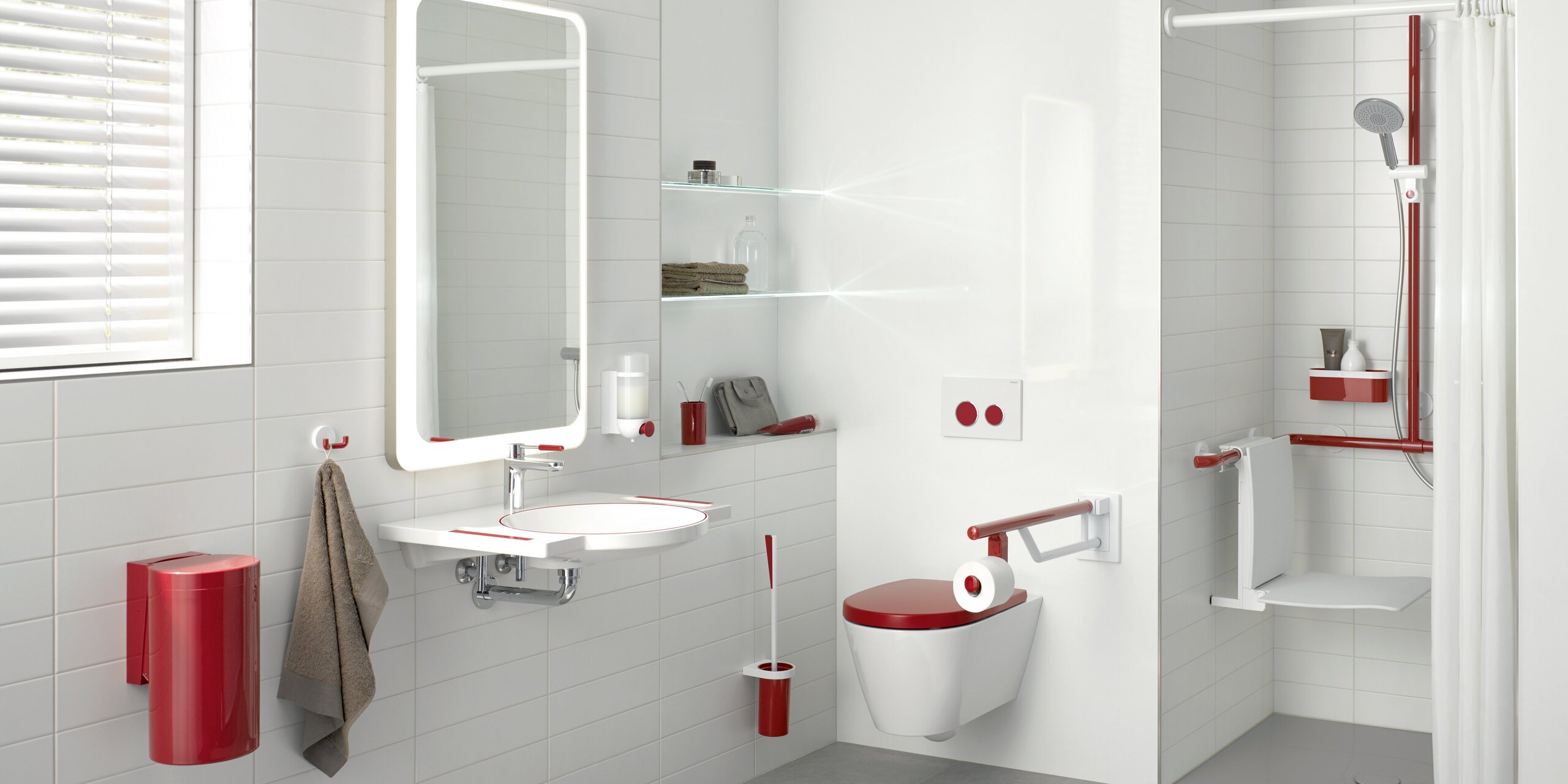 WC area with red accents on the washbasin, the toilet, the hinged support rail and in the shower