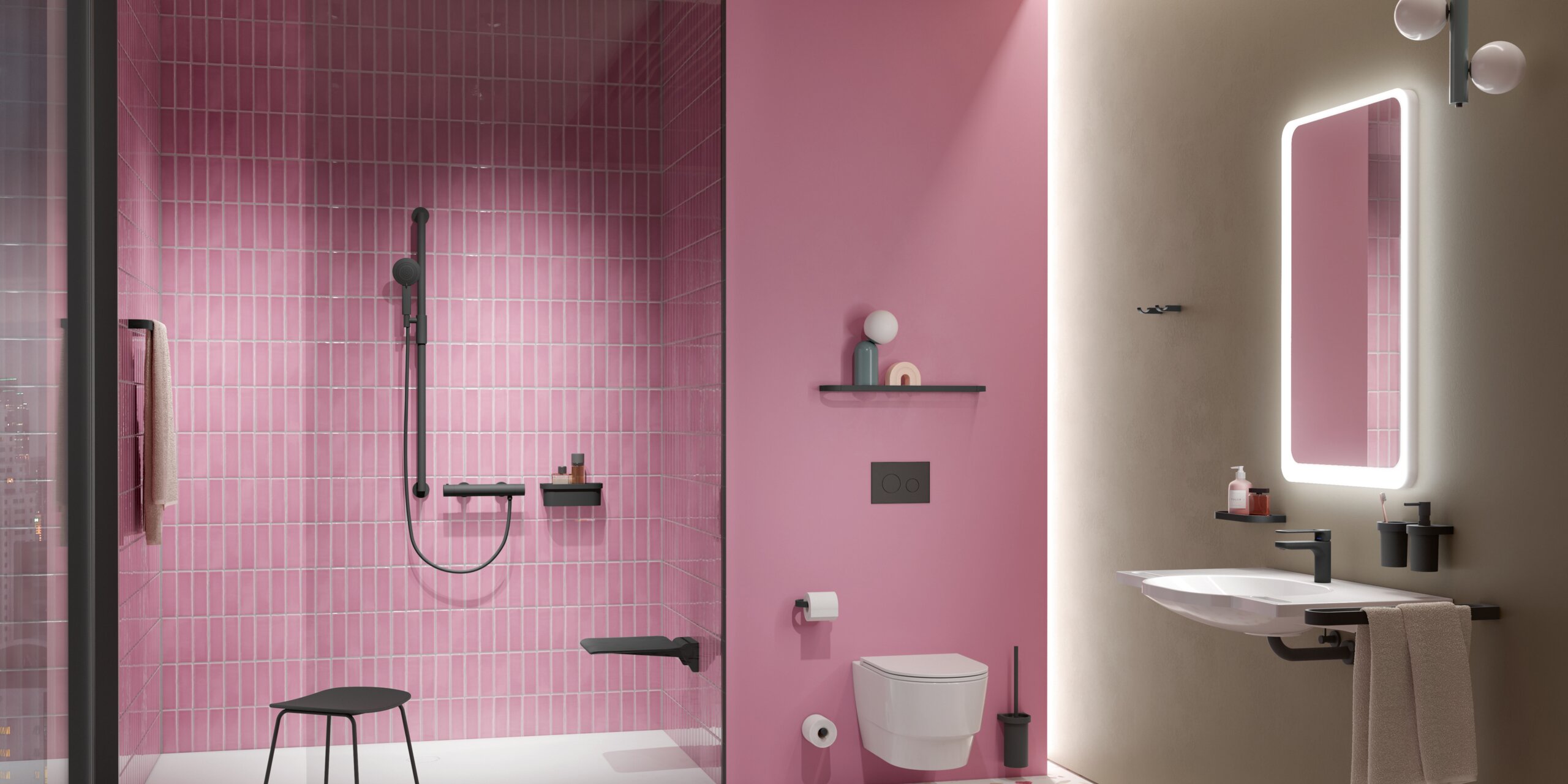 A hinged seat next to the shower handrail in a shower cubicle with a stool and pink tiles, next to which is a WC and a washbasin with a mirror