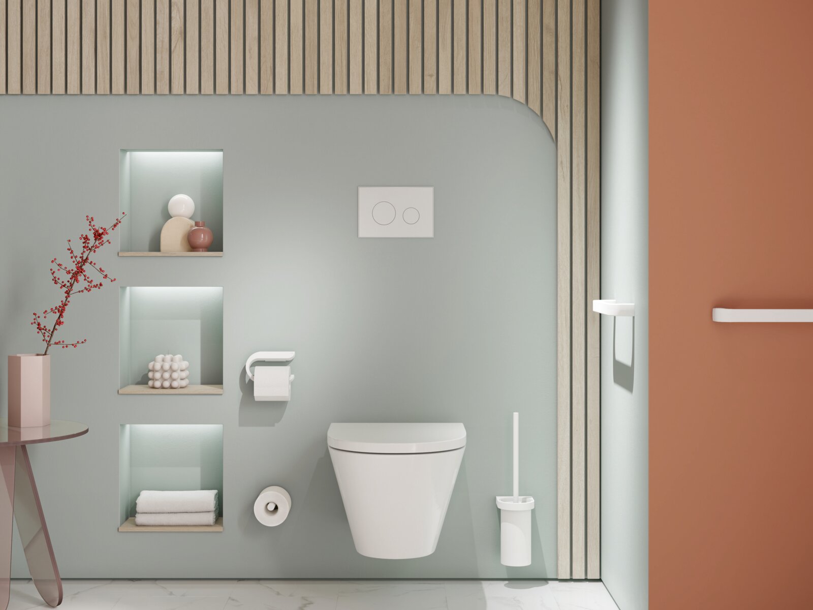 Wall-hung WC with push-button flush and a white toilet brush against a light blue wall