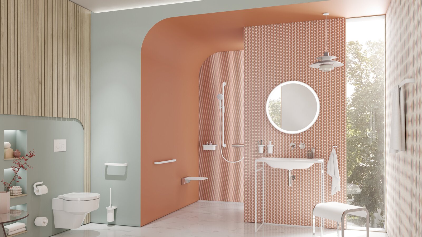 A hinged seat and support rail in an accessible shower, alongside a wheelchair-accessible washbasin with a mirror and a stool