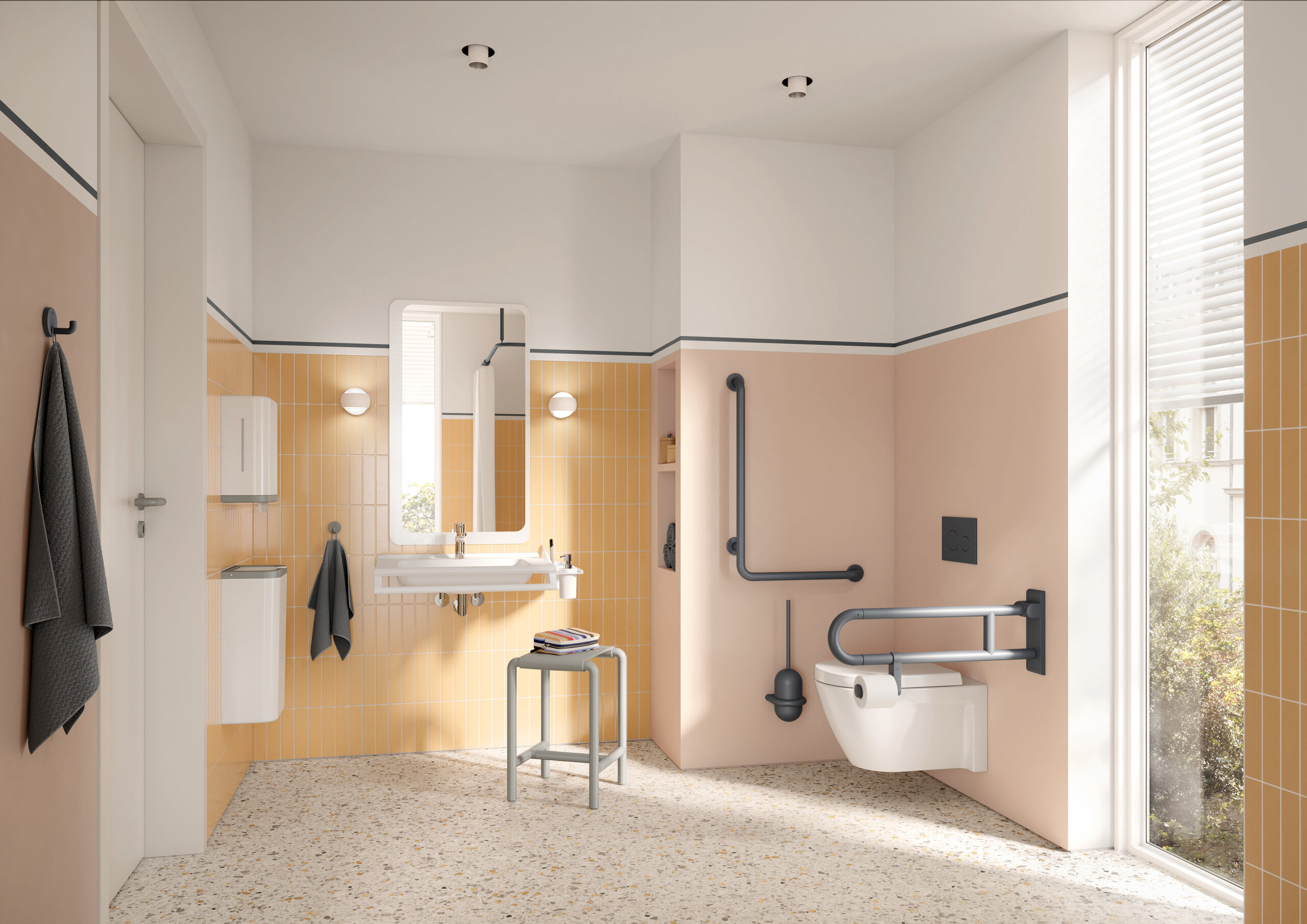 Wall-hung WC with a hinged support rail on the side and an L-shaped support rail, alongside a washbasin with a mirror and a stool