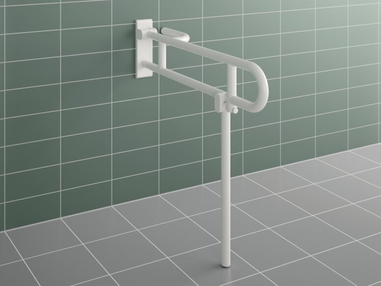 White, hinged synthetic material support handle with an additional support at floor level, set against green floor and wall tiles