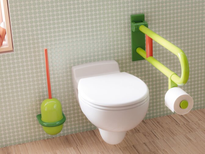 Wall-hung WC with support rail, featuring an integrated WC roll holder and toilet brush holder, set against a light green tiled wall