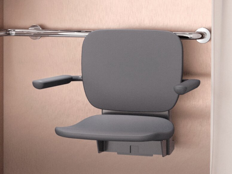A shower seat with a backrest in the shower area, as well as a WC in the bathroom fitted with a hinged support rail and a washbasin with a stool