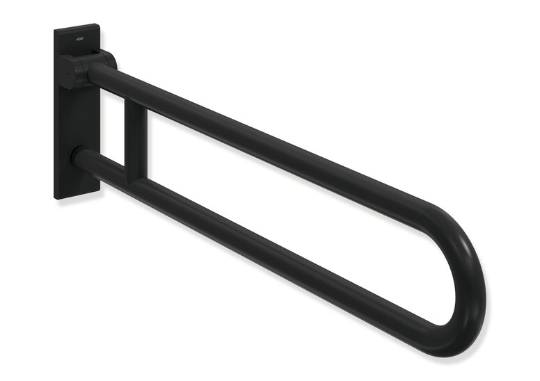 HEWI Range 800 Classic hinged support rail Black hinged support rail with two parallel grip bars, a rounded end and a rectangular wall mount