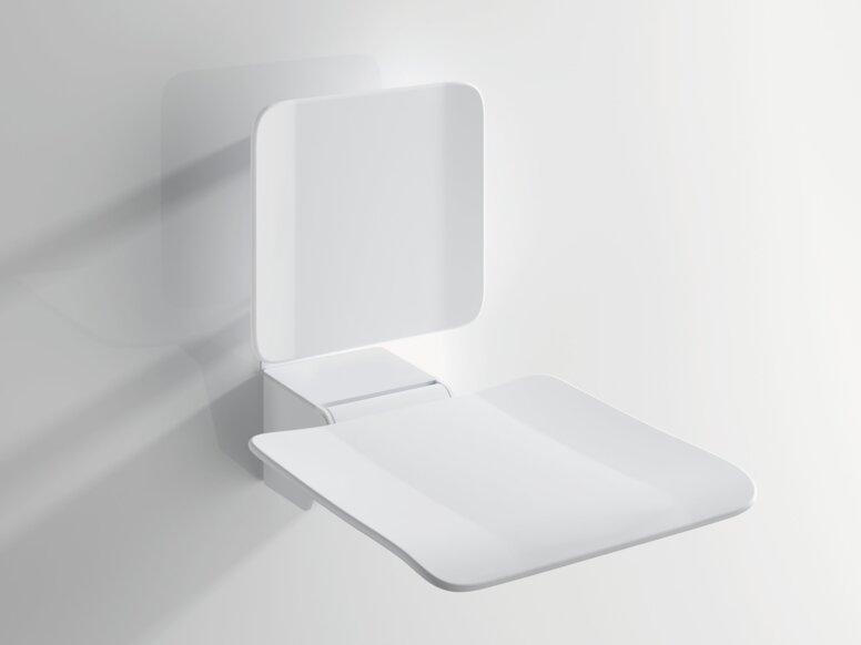 White, hinged synthetic material shower seat with a backrest on a white background