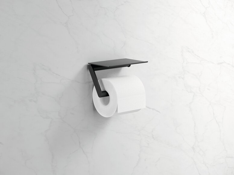 Black powder-coated toilet roll holder with an open shelf on a white marble wall