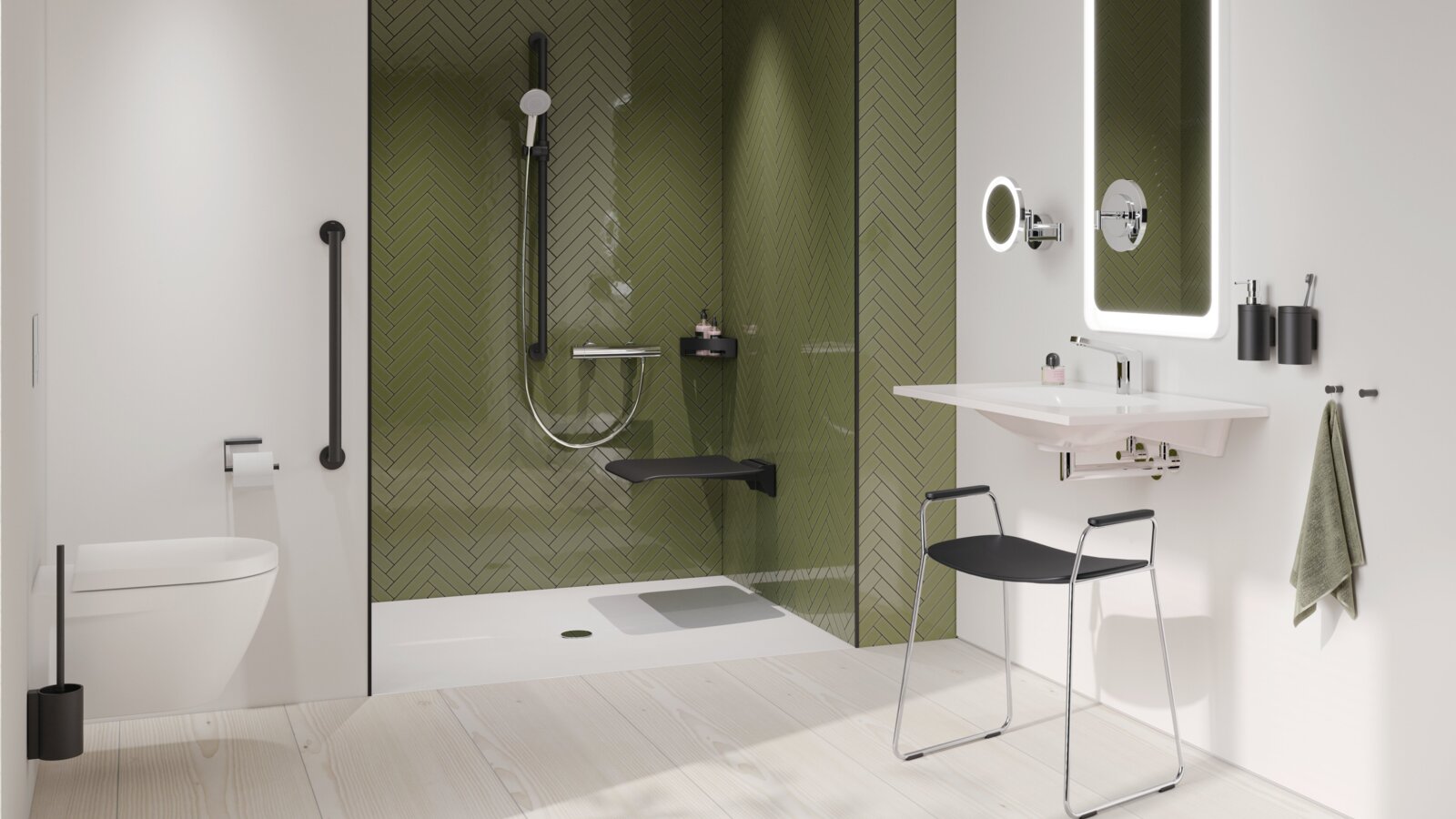 A support rail next to a WC, a black hinged seat and a black shower handrail in the shower with a green tiled wall