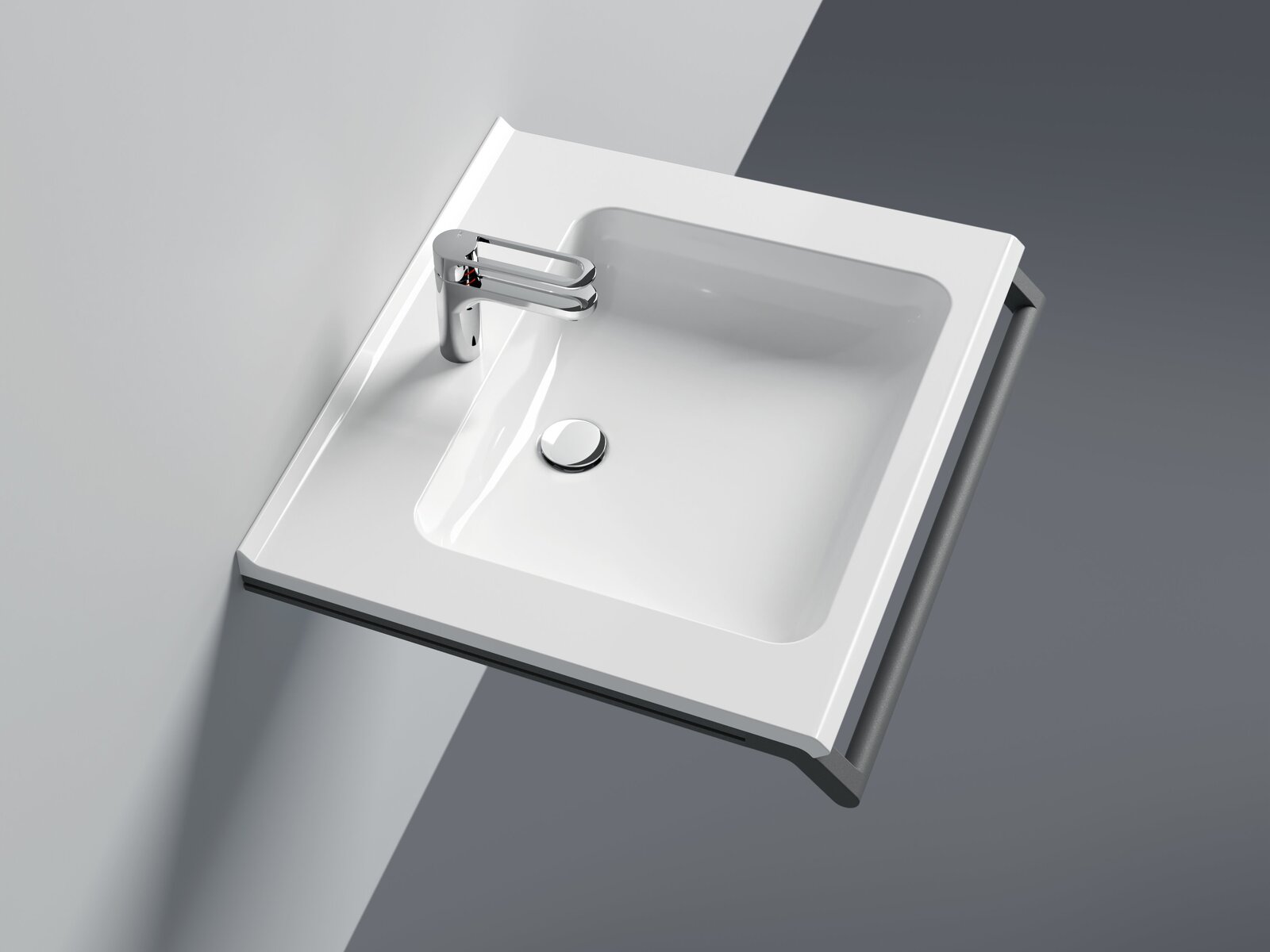 White mineral composite washbasin with tap and a dark grey, front-mounted support rail on a light grey wall
