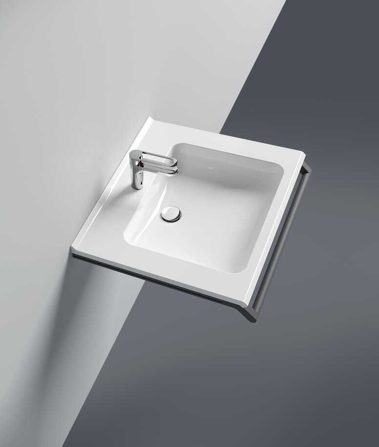 White mineral composite washbasin with tap and a dark grey, front-mounted support rail on a light grey wall