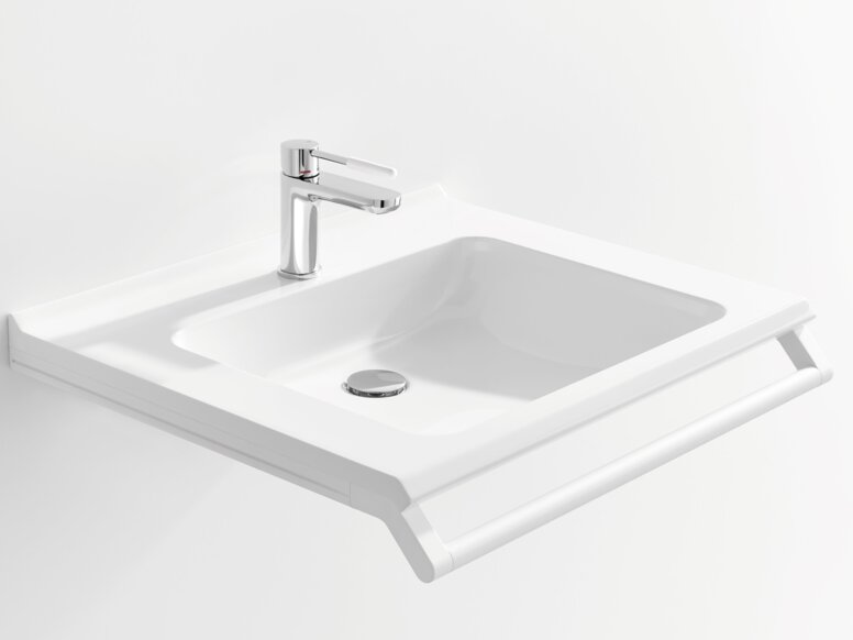 HEWI Waschtisch Weißer Waschtisch mit einer rechteckigen Beckenmulde, einem verchromtem Wasserhahn und einem Haltegriff an der Vorderkante