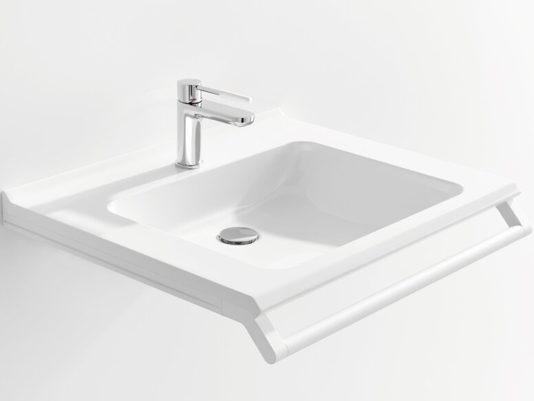 HEWI washbasin White washbasin with a rectangular bowl, a chrome-plated tap and a support rail along the front edge