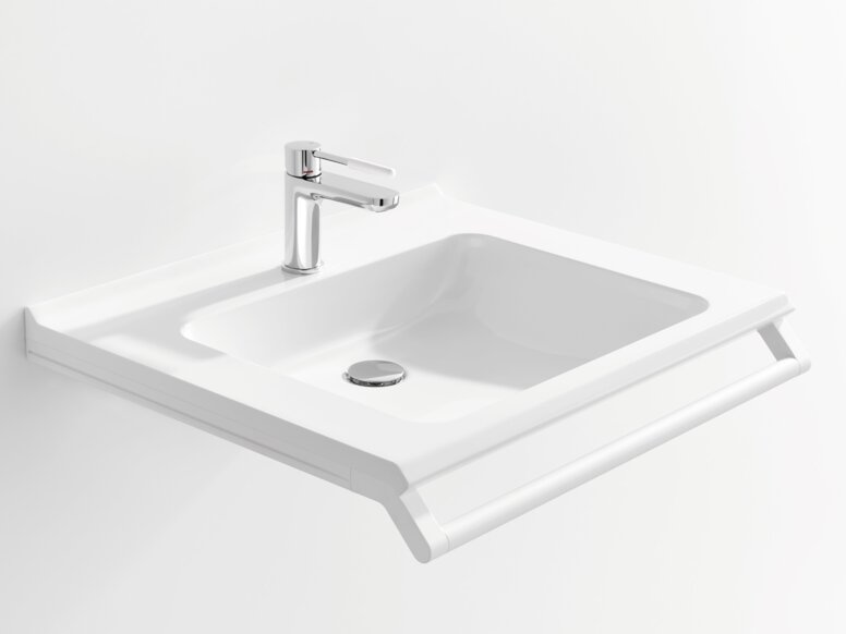 White washbasin with a rectangular bowl, a chrome-plated tap and a support rail along the front edge