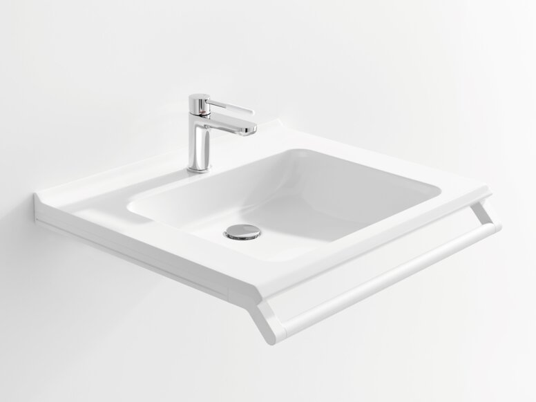 White washbasin with a rectangular bowl, a chrome-plated tap and a support rail along the front edge