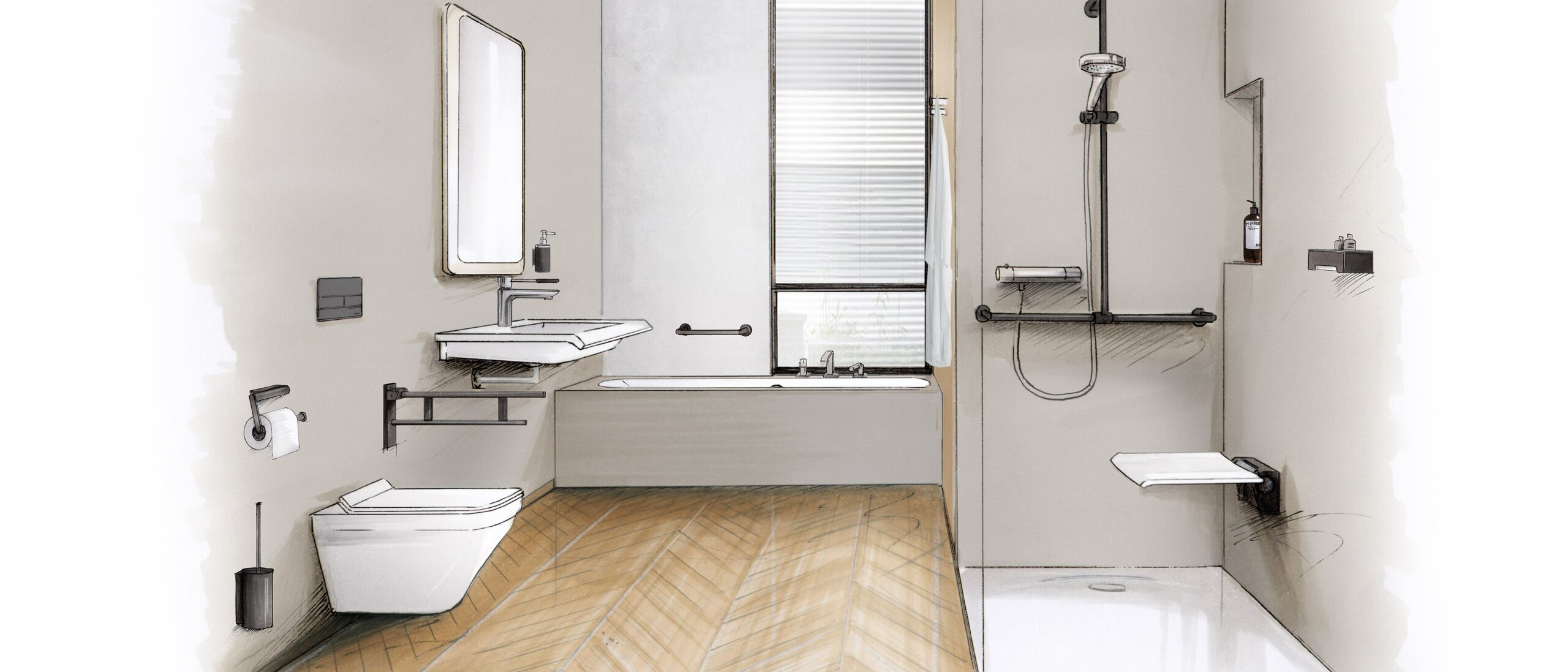 HEWI System 900 Barrierefreies Badezimmer mit bodengleicher Dusche, unterfahrbarem Waschtisch und Stützklappgriffen – KfW-Förderung Badsanierung möglich.