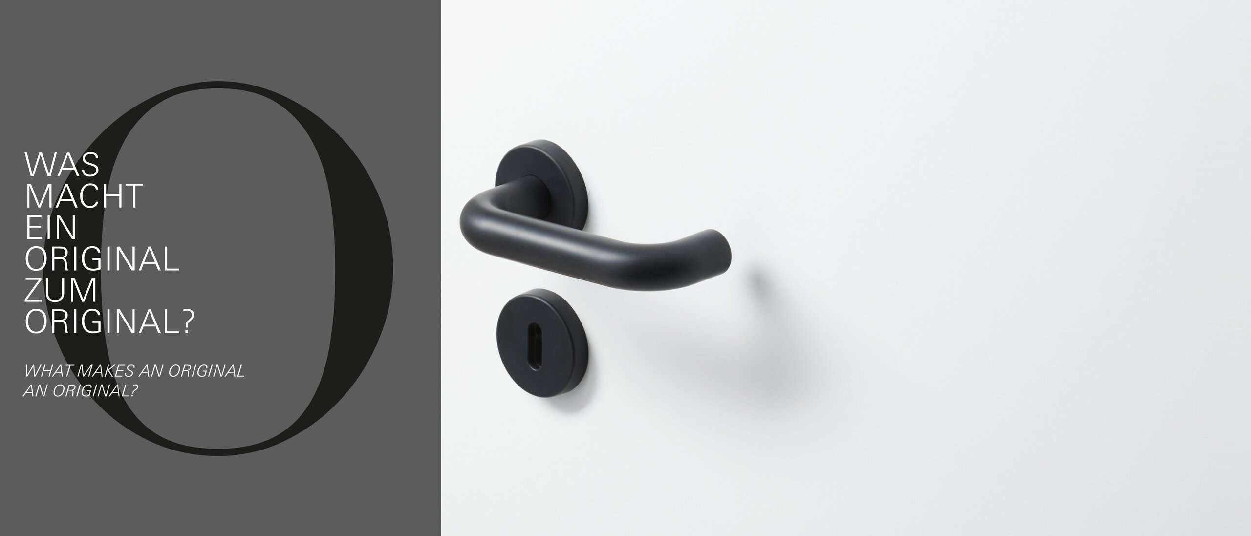 HEWI lever handle System 111 in matt, text next to it "What makes an original an original?" Door handle in matt