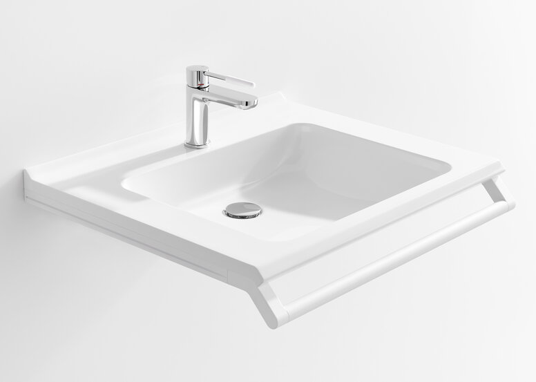 HEWI barrier-free washbasin Barrier-free washbasin with grab rail in matt white stainless steel and chrome single-lever tap with white polyamide handle element