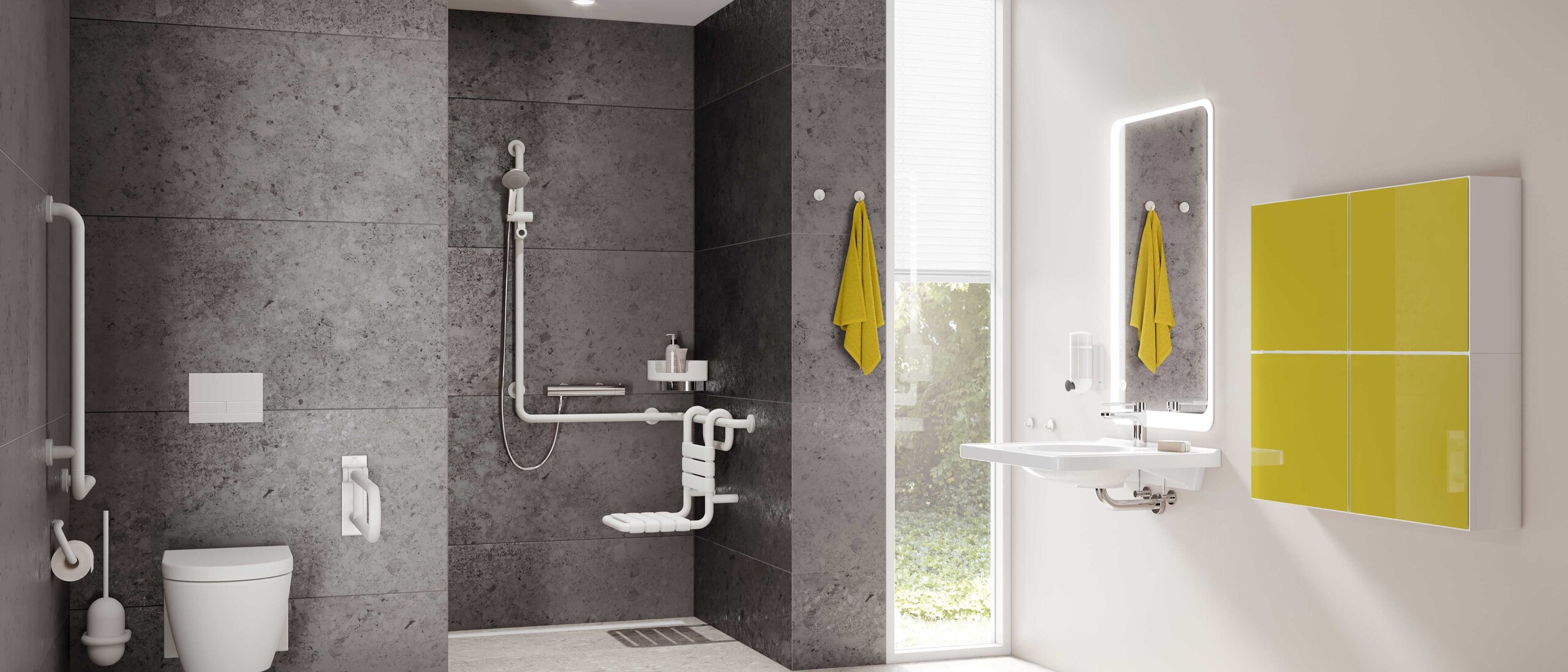 HEWI barrier-free bathroom series 477/801 Barrier-free bathroom with washbasin, shower area and WC Series 477/801