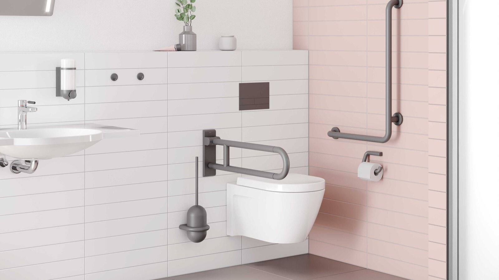 HEWI Series 477 Anthracite grey matt Barrier-free wash area and WC