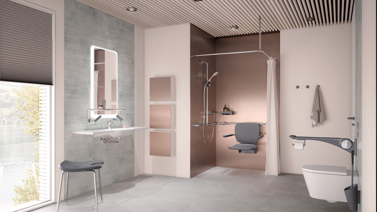 Barrier-free care bathroom HEWI lift system anthracite matt Barrier-free care bathroom with washbasin, shower area and WC