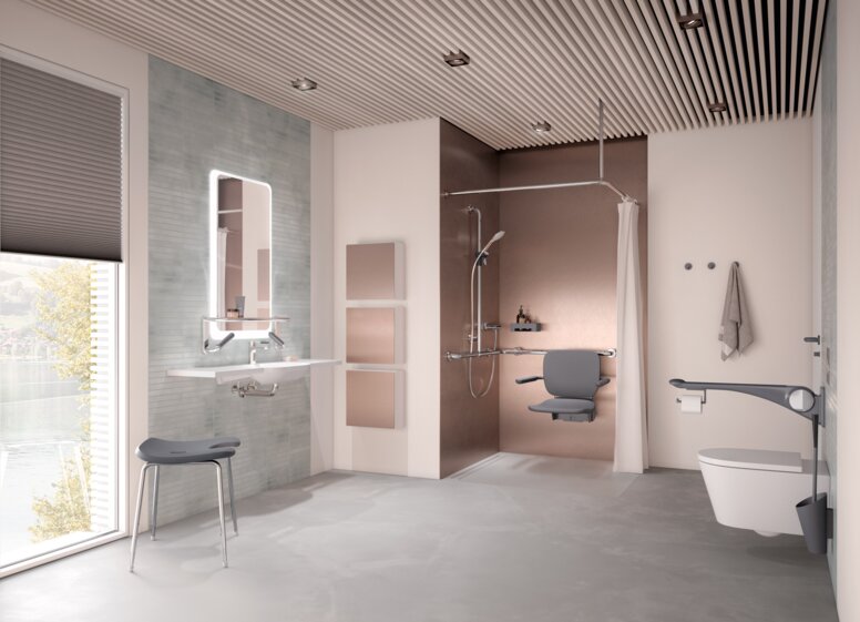Barrier-free care bathroom HEWI lift system anthracite matt Barrier-free care bathroom with washbasin, shower area and WC