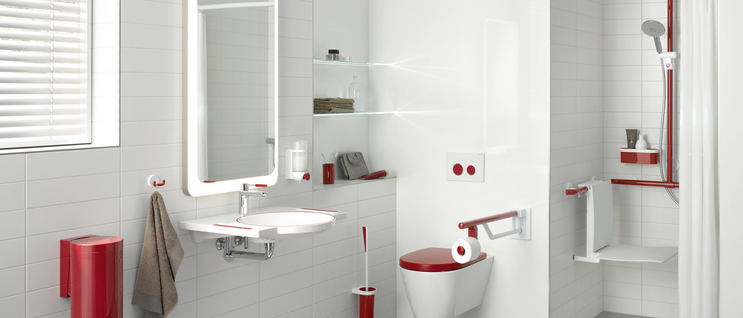 HEWI dementia-sensitive products Bathroom equipped with products in a contrasting red colour for dementia patients
