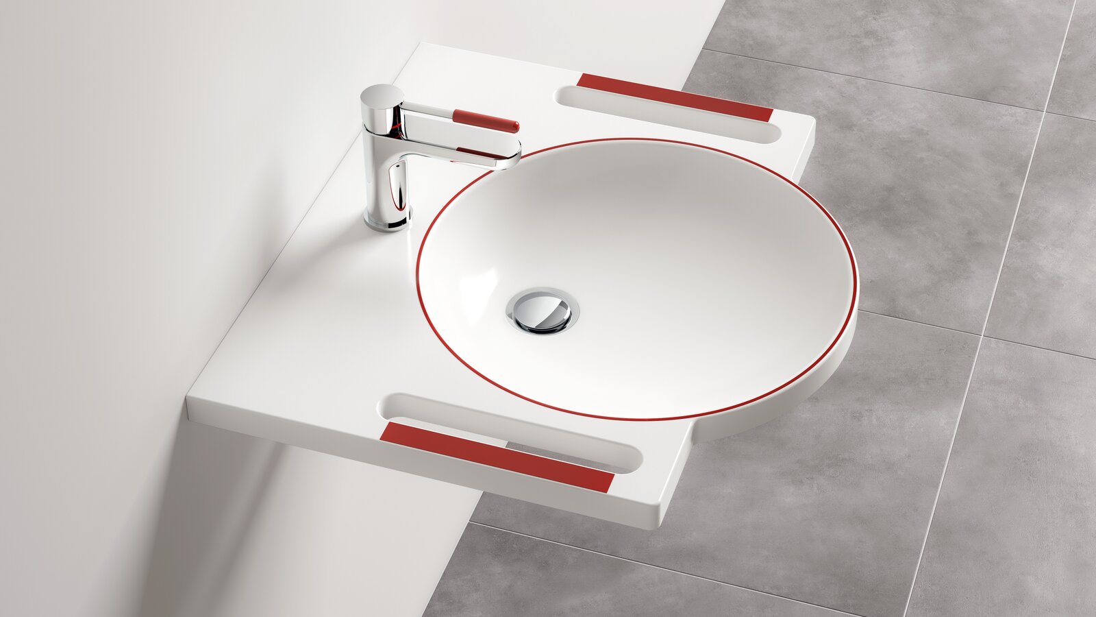 HEWI dementia washbasin and System 800K mixer tap Washbasin and tap with red contrasting colours for dementia patients