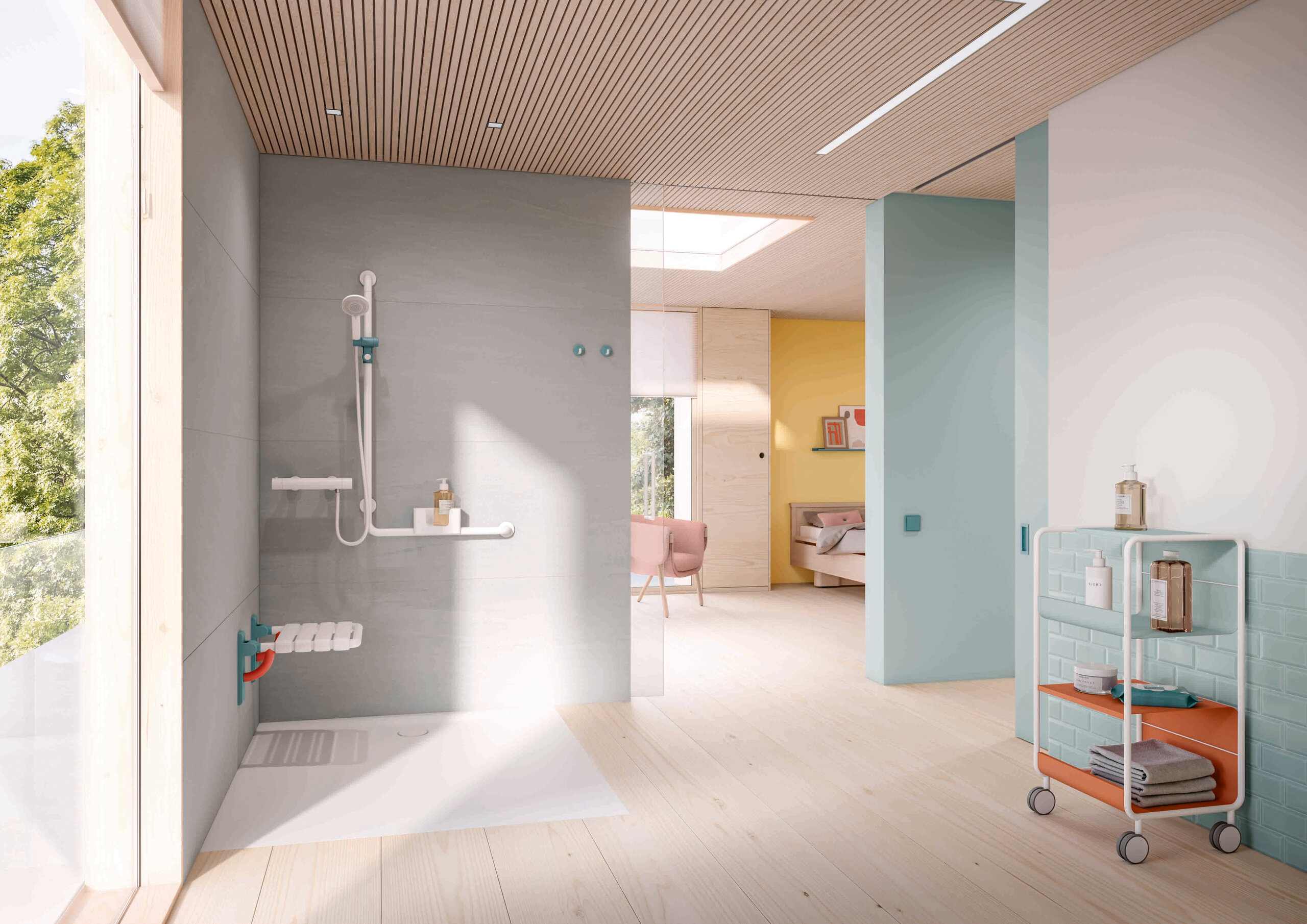 HEWI Series 477/801 ICONIC Barrier-free shower area in a patient room