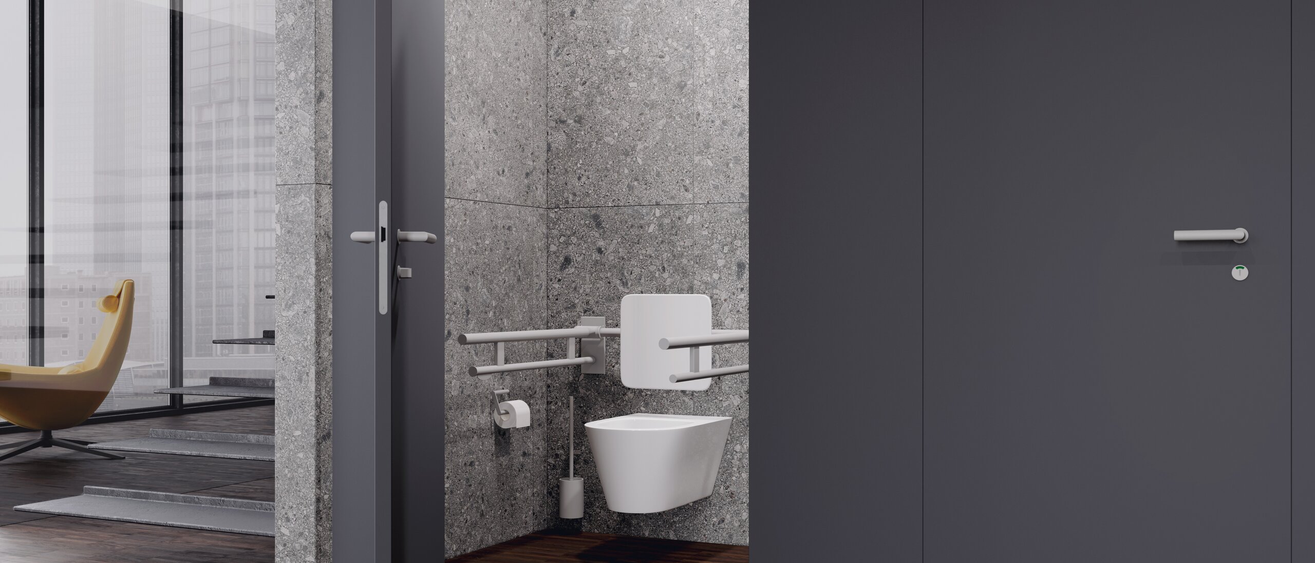 HEWI barrier-free public WC Public WC cubicle with back support and folding support handles in the colour signal white