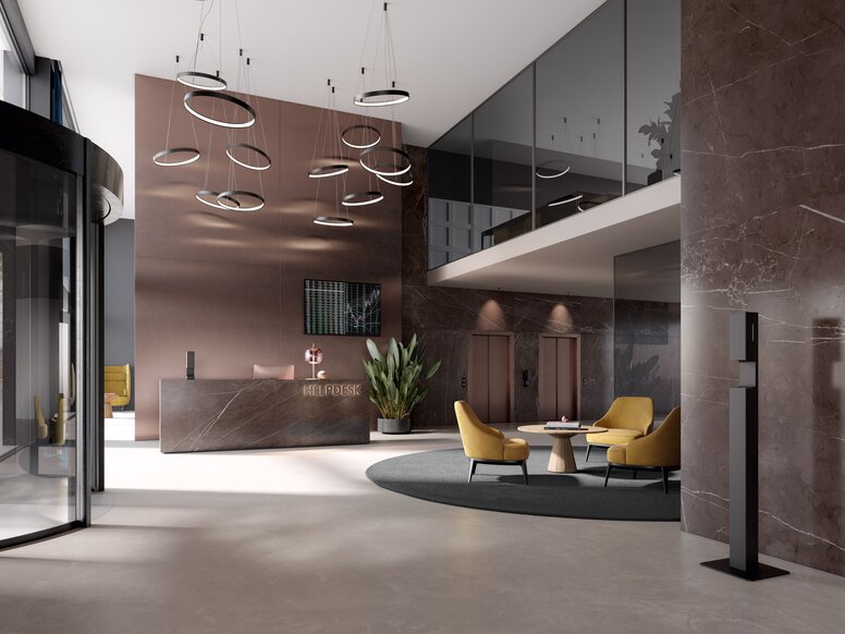 HEWI SENSORIC disinfectant dispenser column Modern reception area with a disinfectant dispenser column in matt black stainless steel