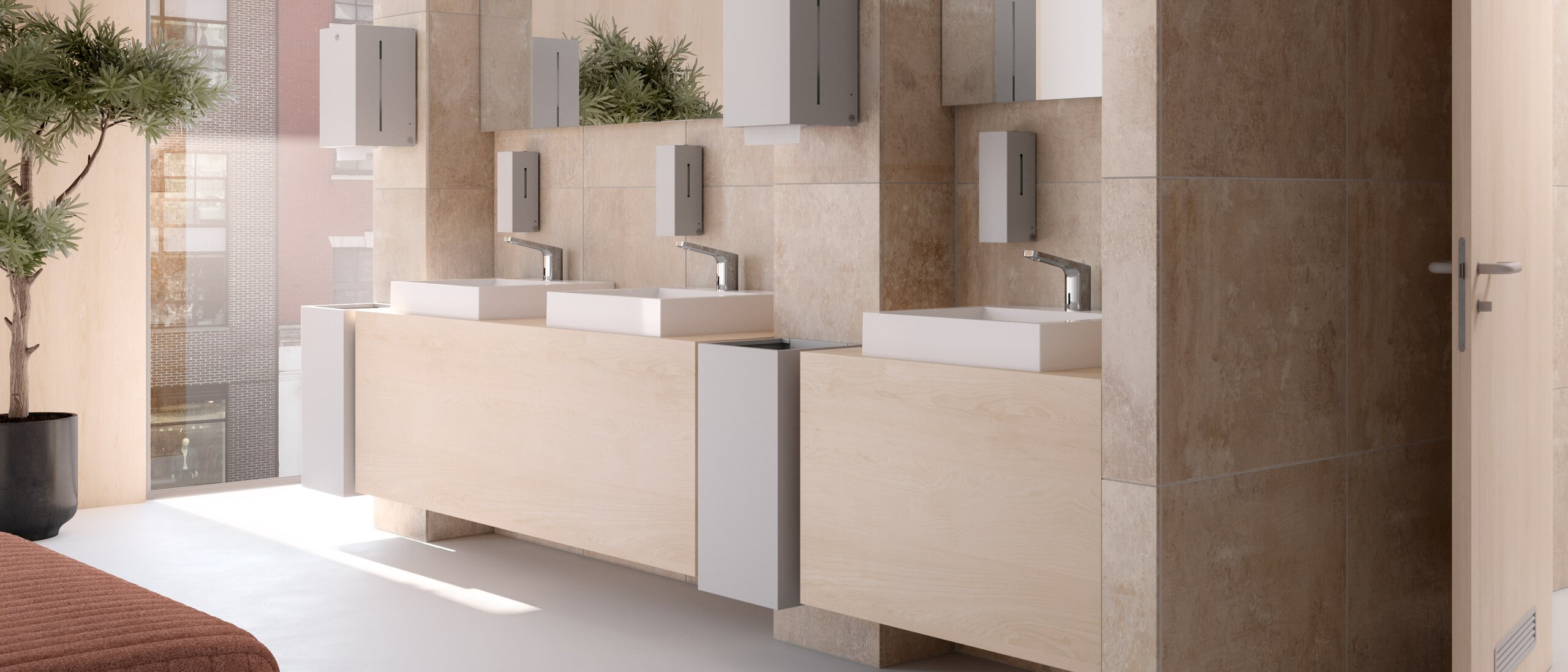 HEWI SENSORIC dispensers and fittings Three public washrooms equipped with touch-free taps, soap and paper towel dispensers